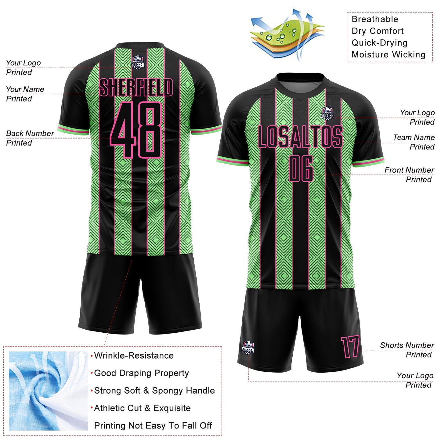 Custom Black Pea Green-Pink Pinstripe Line Sports Sublimation Soccer Uniform Jersey view 4