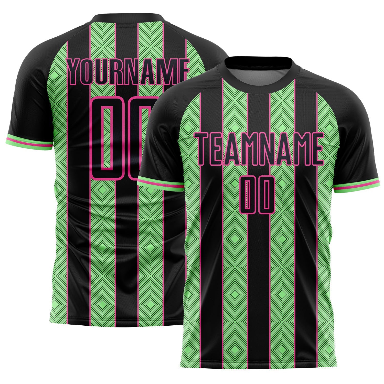 Custom Black Pea Green-Pink Pinstripe Line Sports Sublimation Soccer Uniform Jersey - Main View
