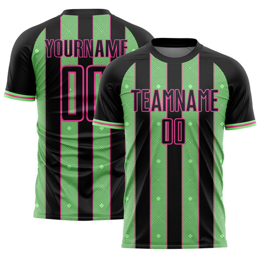 Custom Black Pea Green-Pink Pinstripe Line Sports Sublimation Soccer Uniform Jersey - Main View
