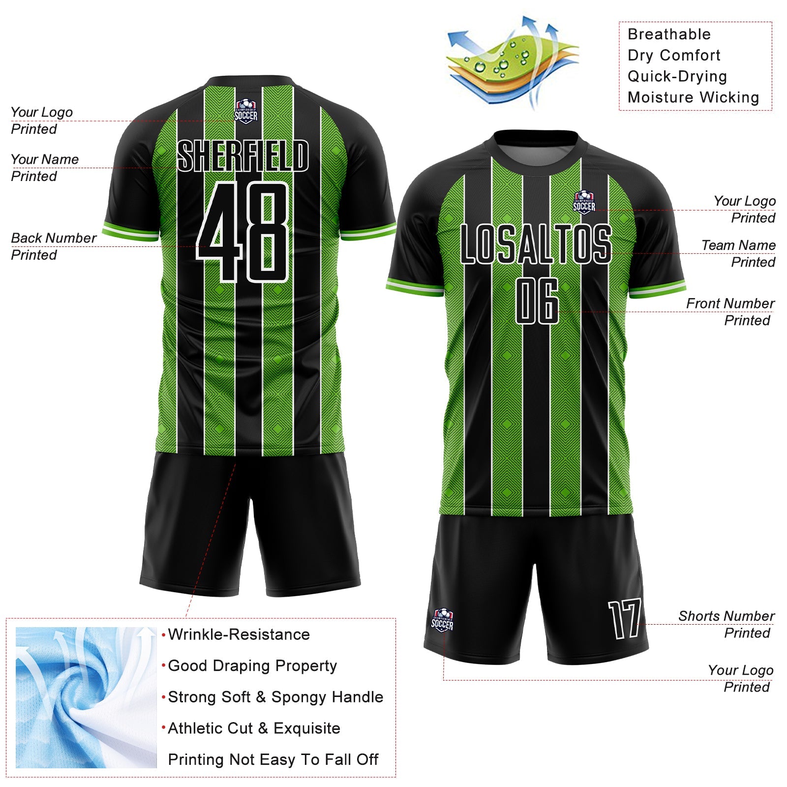 Custom Black Aurora Green-White Pinstripe Line Sports Sublimation Soccer Uniform Jersey view 4