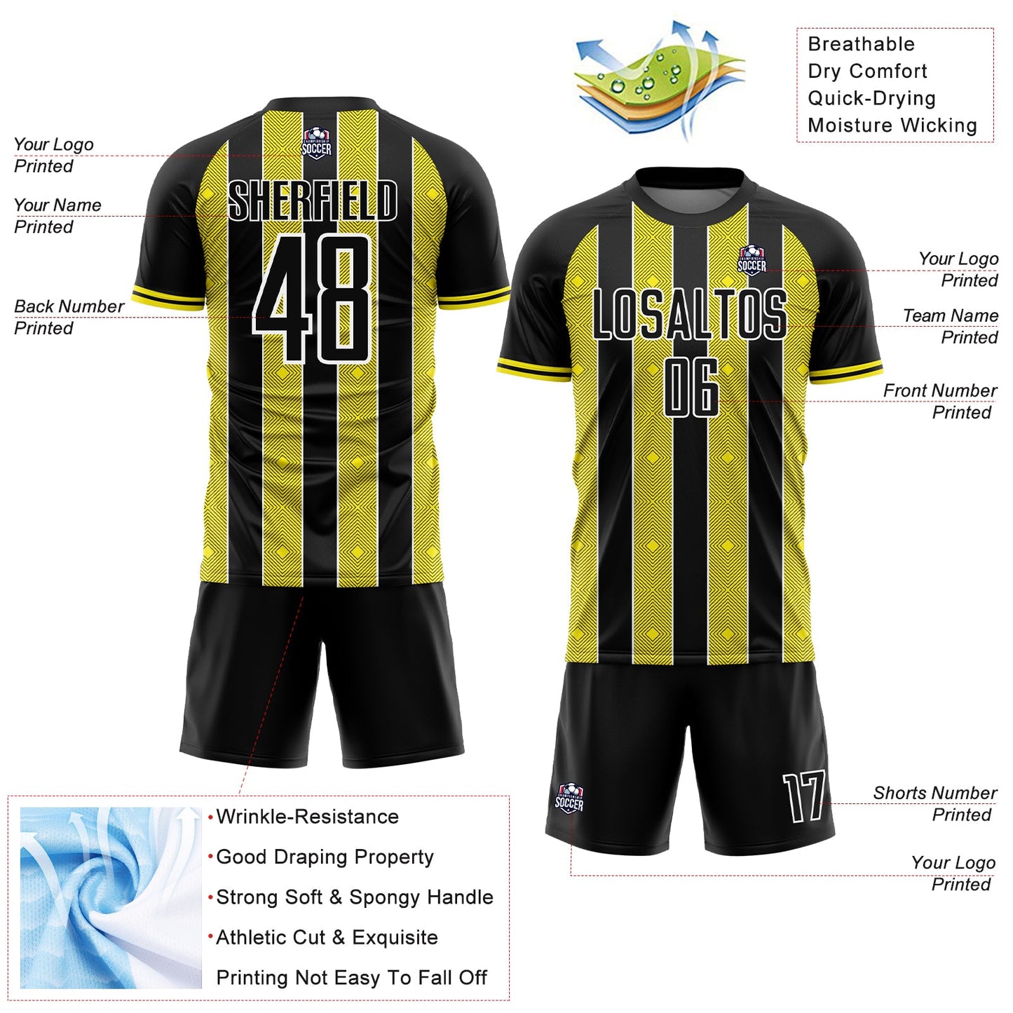 Custom Black Light Yellow-White Pinstripe Line Sports Sublimation Soccer Uniform Jersey view 4