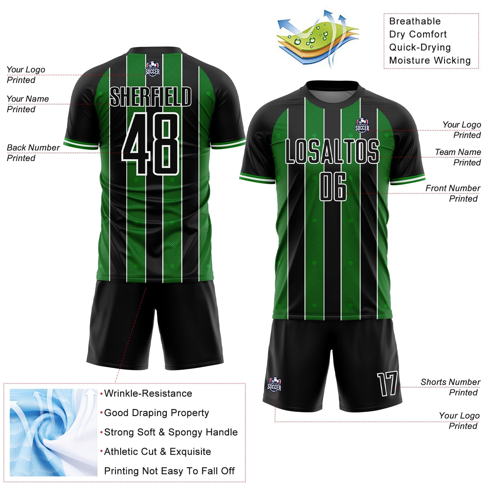 Custom Black Grass Green-White Pinstripe Line Sports Sublimation Soccer Uniform Jersey view 4