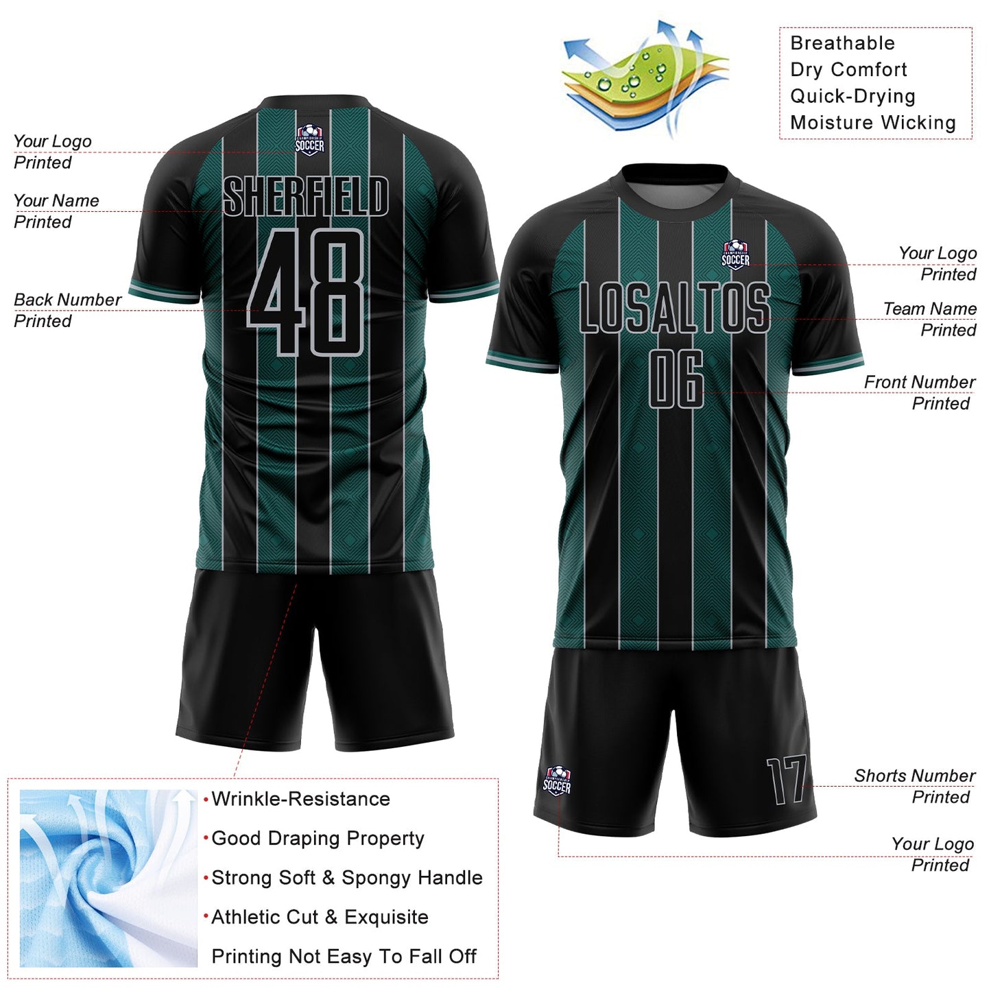 Custom Black Midnight Green-Gray Pinstripe Line Sports Sublimation Soccer Uniform Jersey view 4