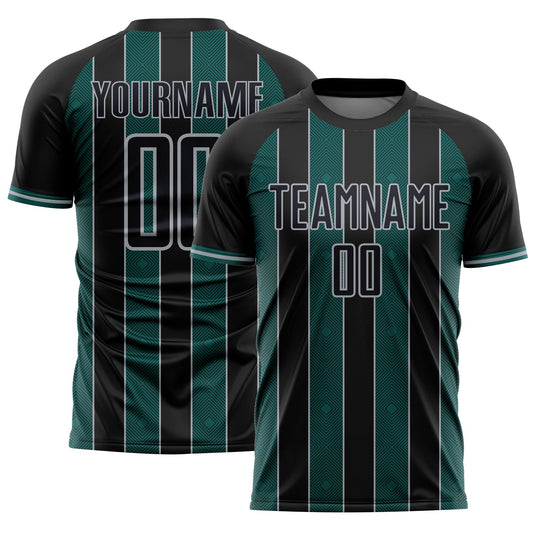 Custom Black Midnight Green-Gray Pinstripe Line Sports Sublimation Soccer Uniform Jersey - Main View