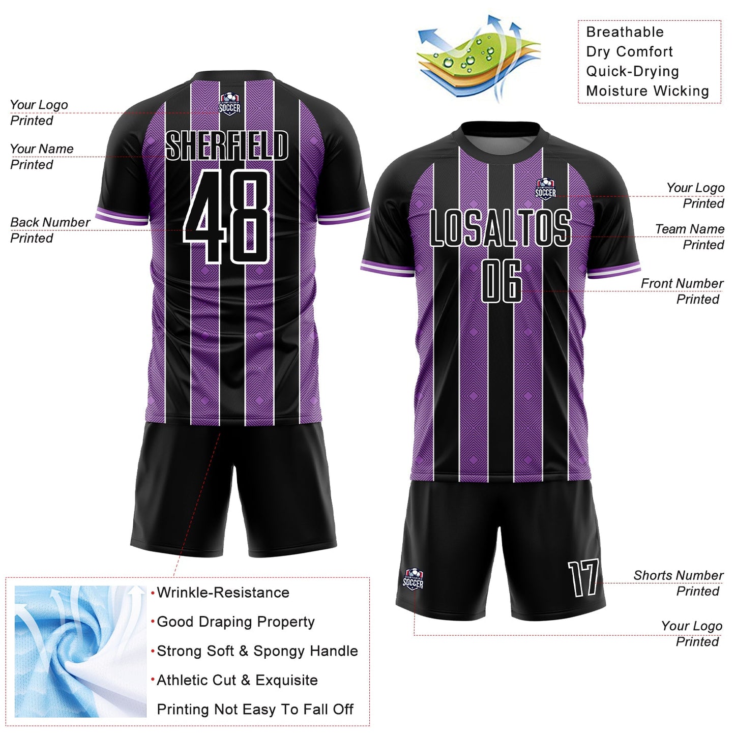 Custom Black Medium Purple-White Pinstripe Line Sports Sublimation Soccer Uniform Jersey view 4