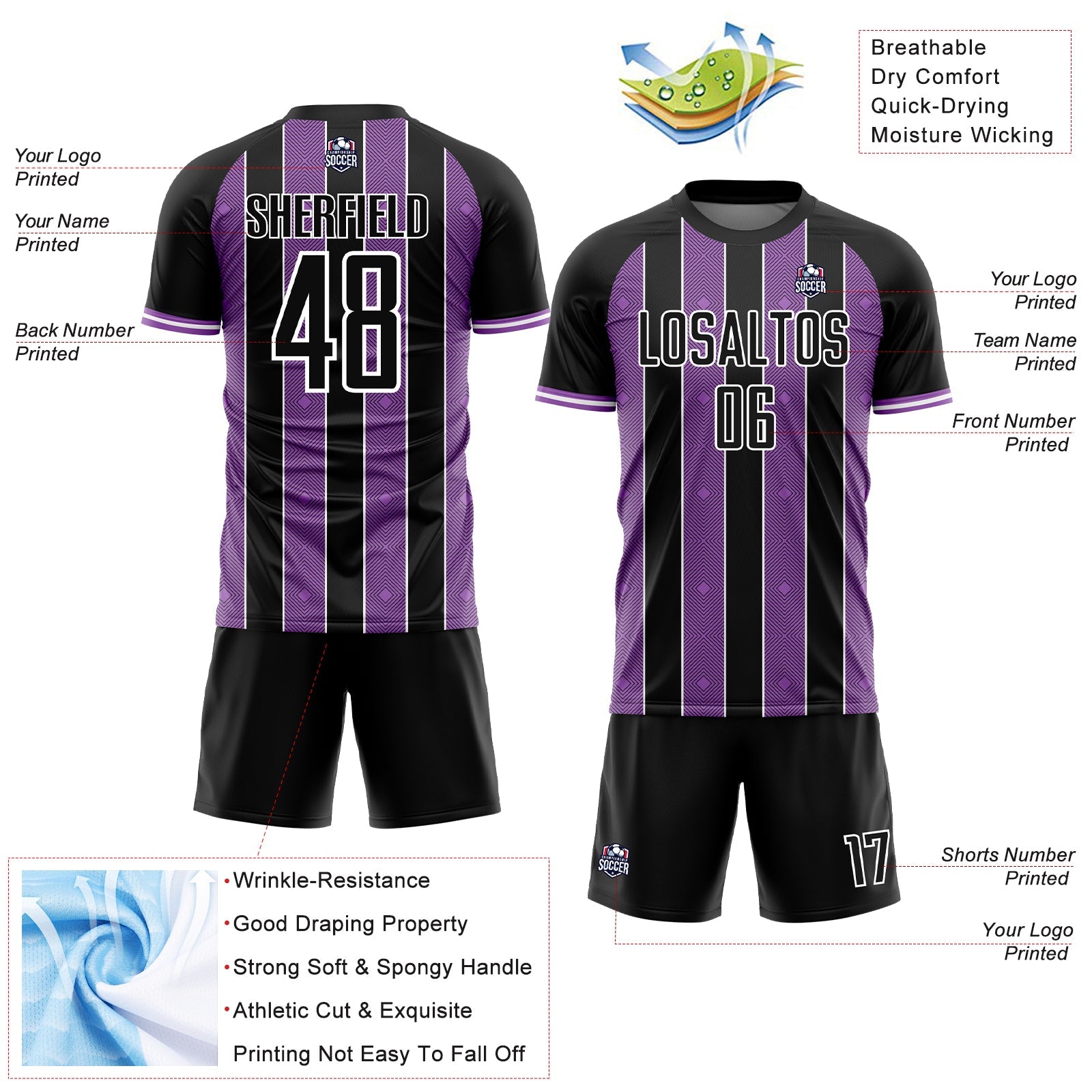Custom Black Medium Purple-White Pinstripe Line Sports Sublimation Soccer Uniform Jersey view 4