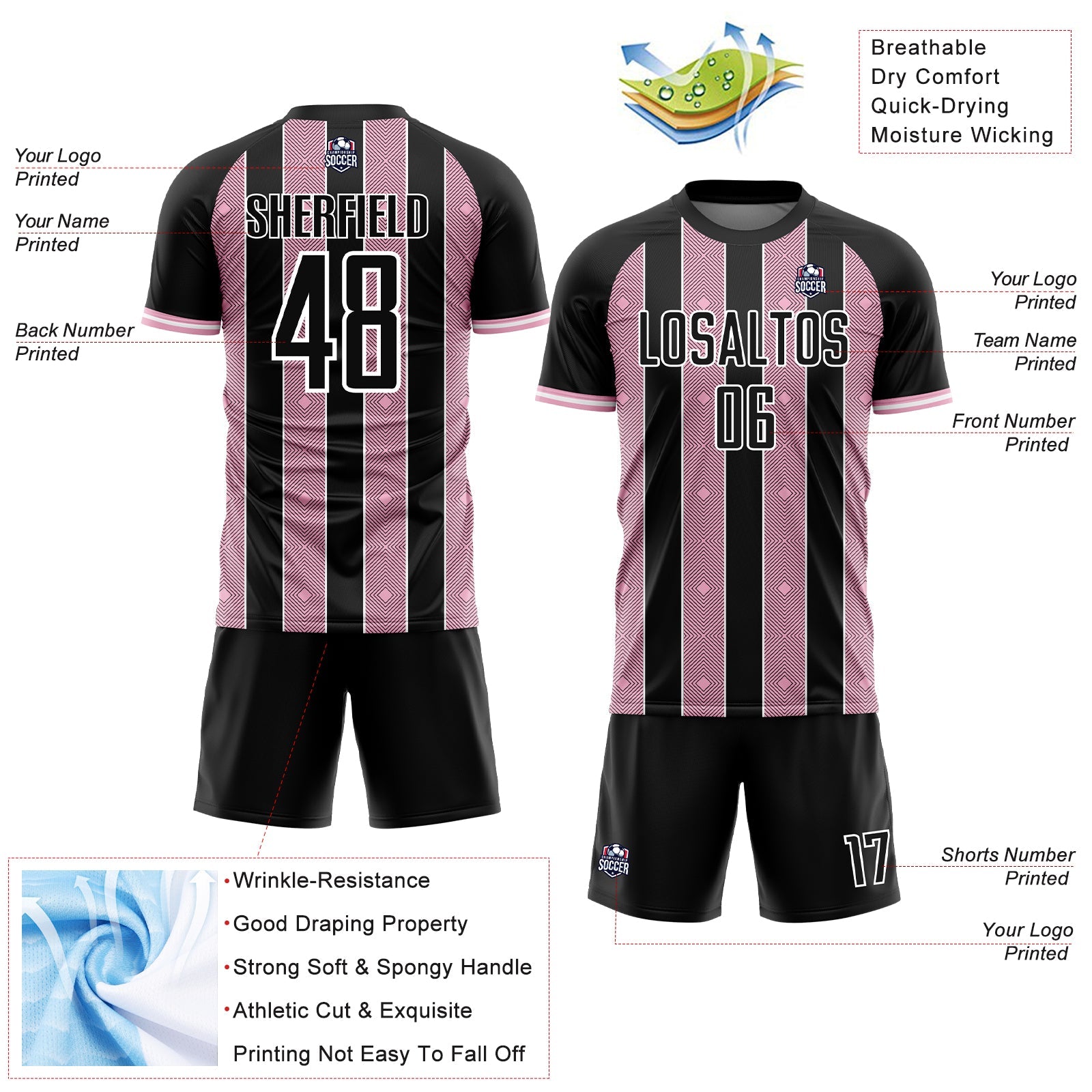 Custom Black Light Pink-White Pinstripe Line Sports Sublimation Soccer Uniform Jersey view 4