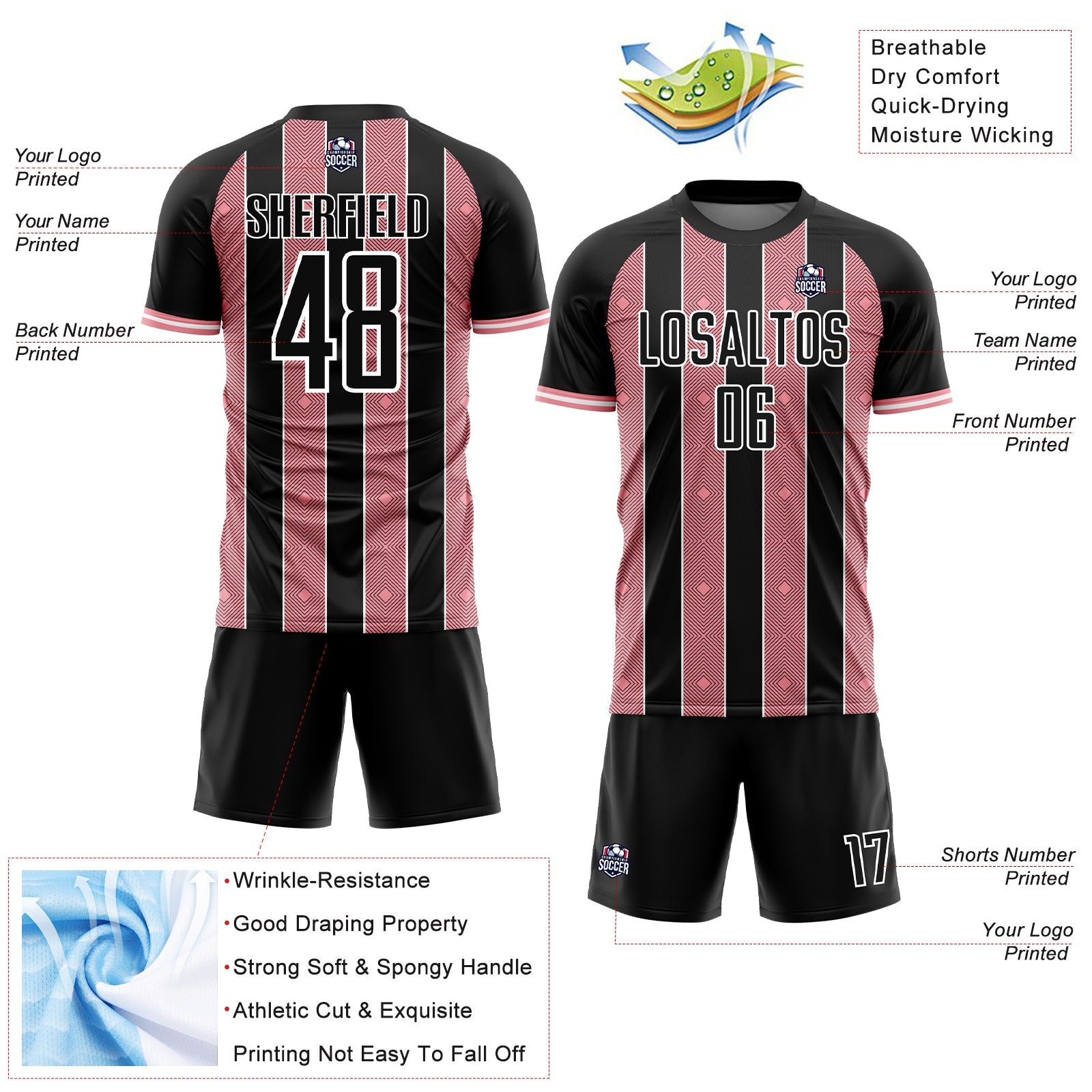 Custom Black Medium Pink-White Pinstripe Line Sports Sublimation Soccer Uniform Jersey view 4