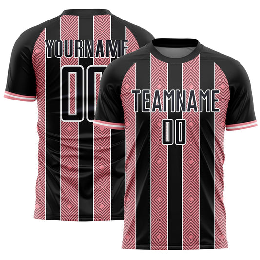 Custom Black Medium Pink-White Pinstripe Line Sports Sublimation Soccer Uniform Jersey - Main View