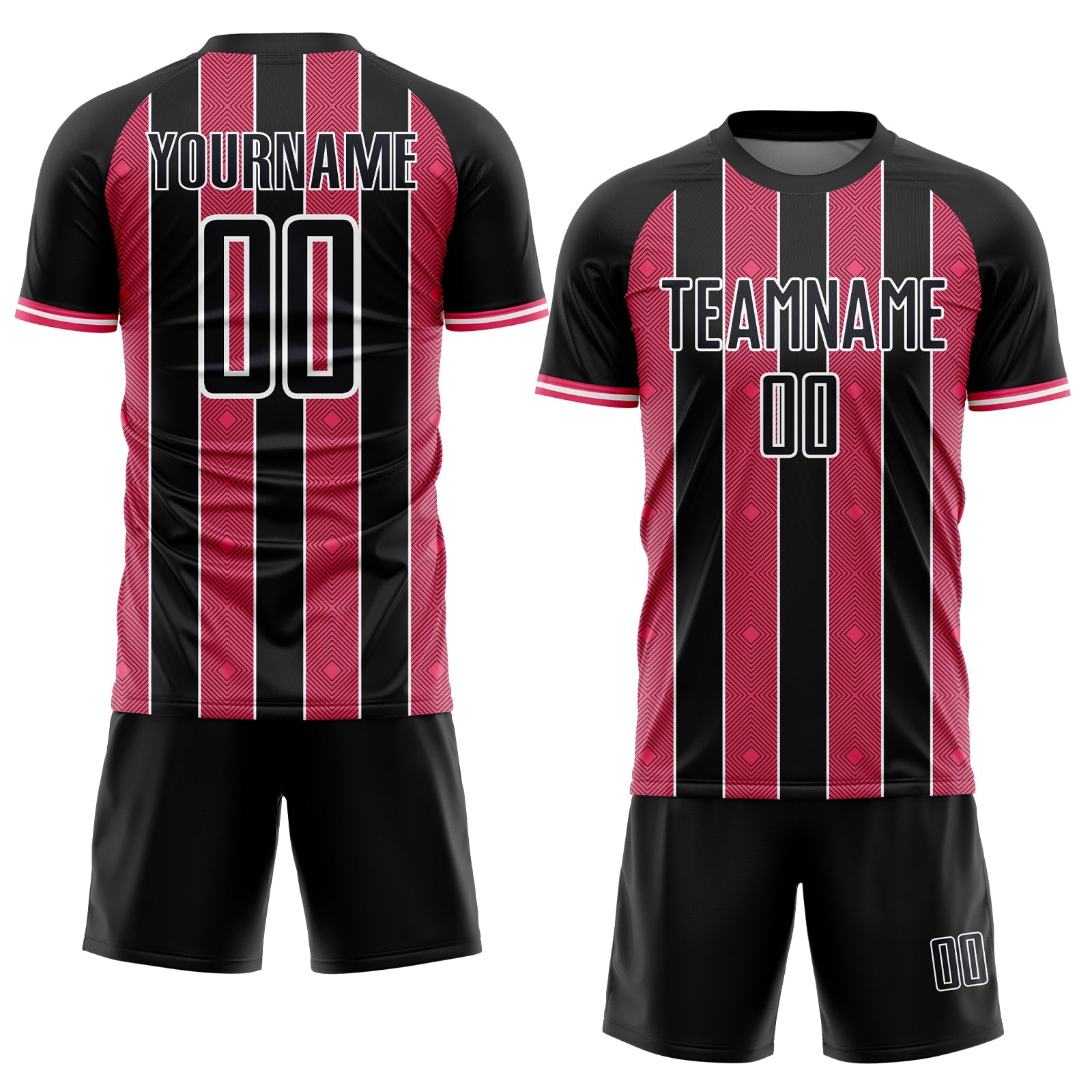Custom Black Neon Pink-White Pinstripe Line Sports Sublimation Soccer Uniform Jersey view 2