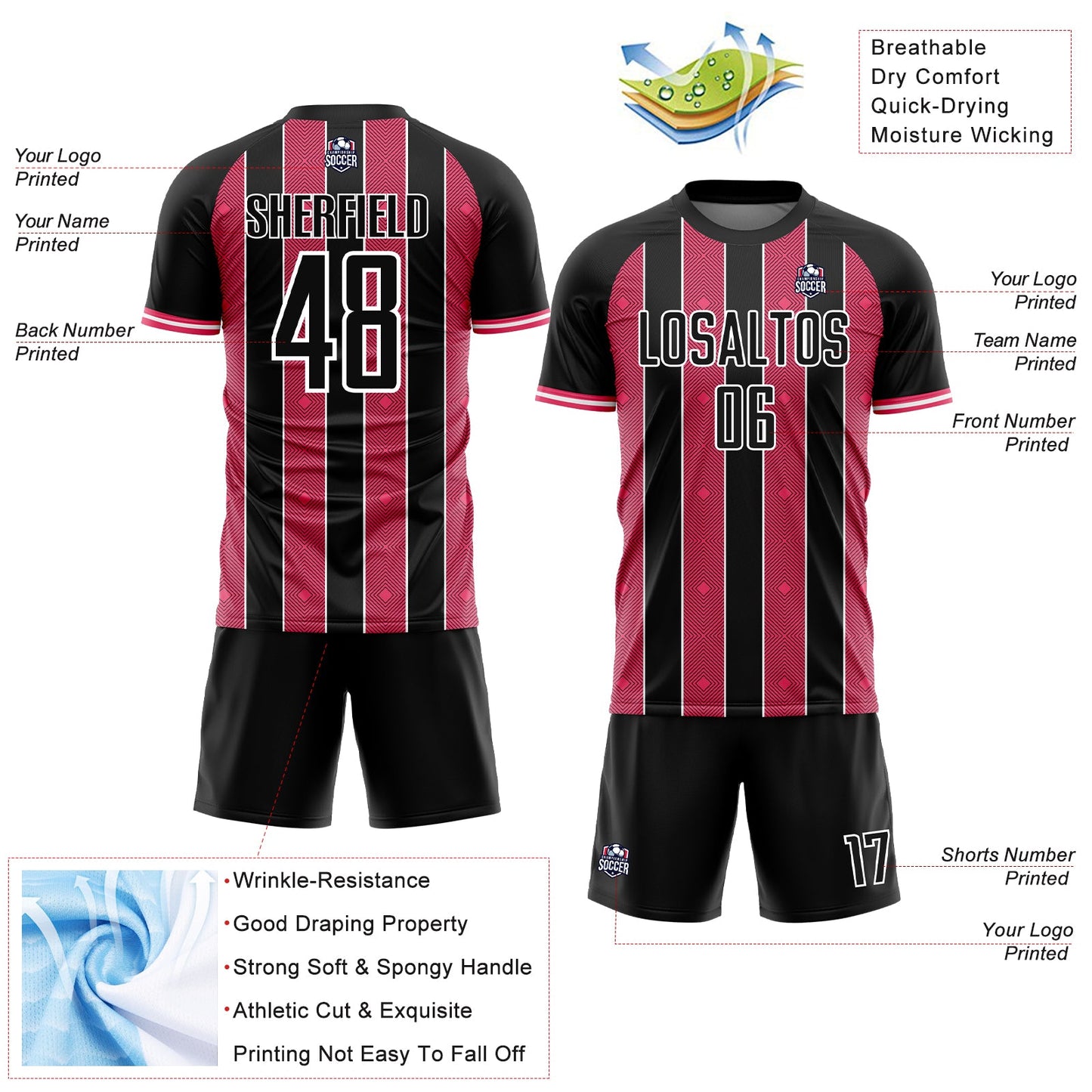 Custom Black Neon Pink-White Pinstripe Line Sports Sublimation Soccer Uniform Jersey view 4