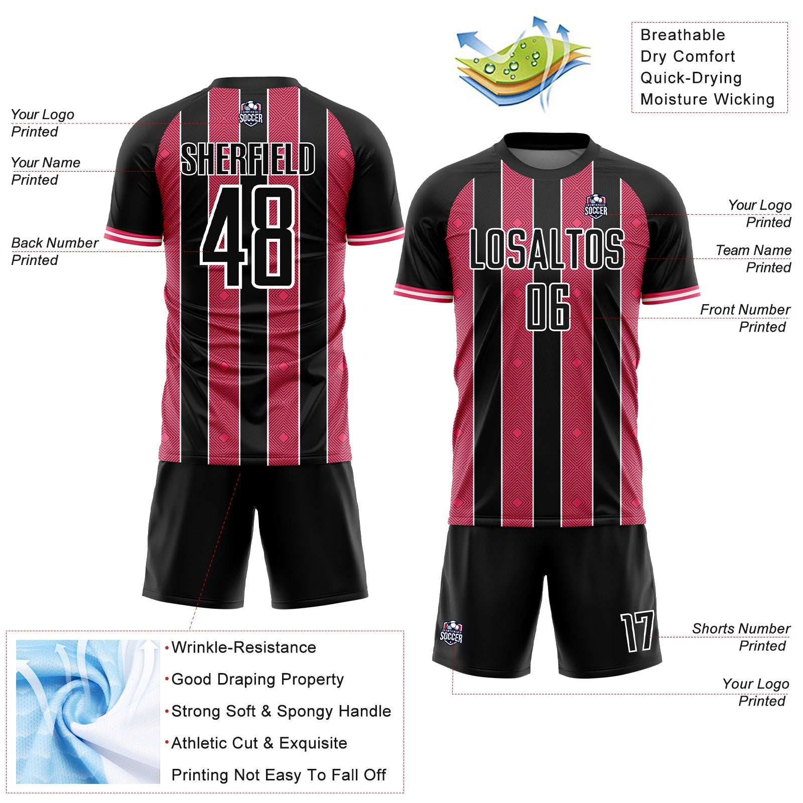 Custom Black Neon Pink-White Pinstripe Line Sports Sublimation Soccer Uniform Jersey view 4