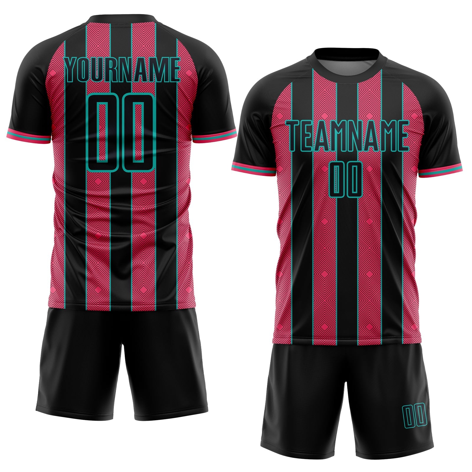 Custom Black Neon Pink-Aqua Pinstripe Line Sports Sublimation Soccer Uniform Jersey view 2