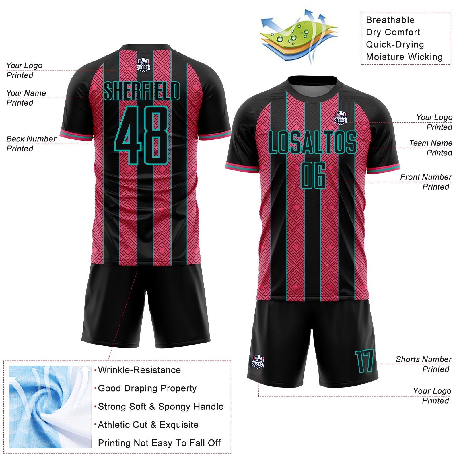 Custom Black Neon Pink-Aqua Pinstripe Line Sports Sublimation Soccer Uniform Jersey view 4