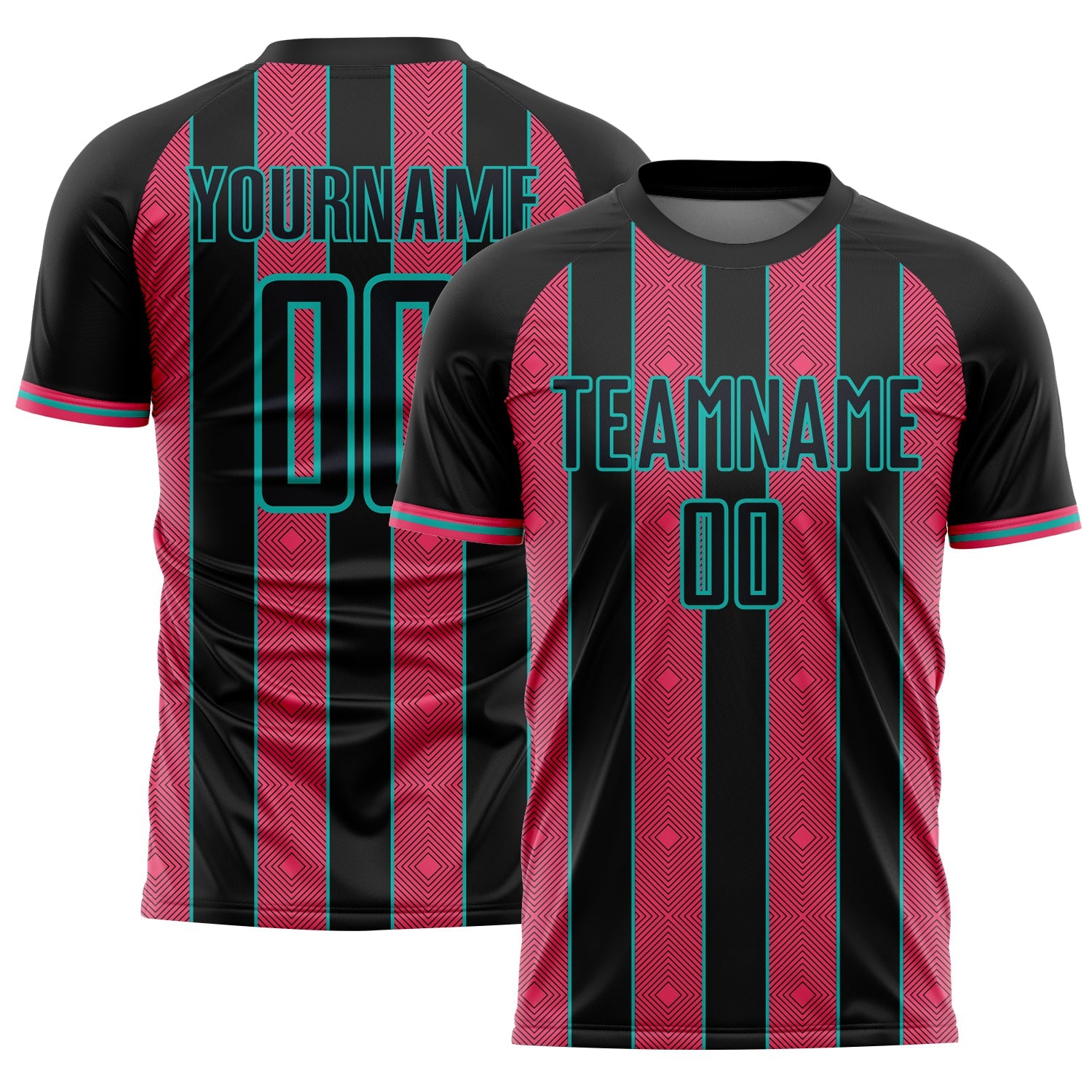 Custom Black Neon Pink-Aqua Pinstripe Line Sports Sublimation Soccer Uniform Jersey - Main View