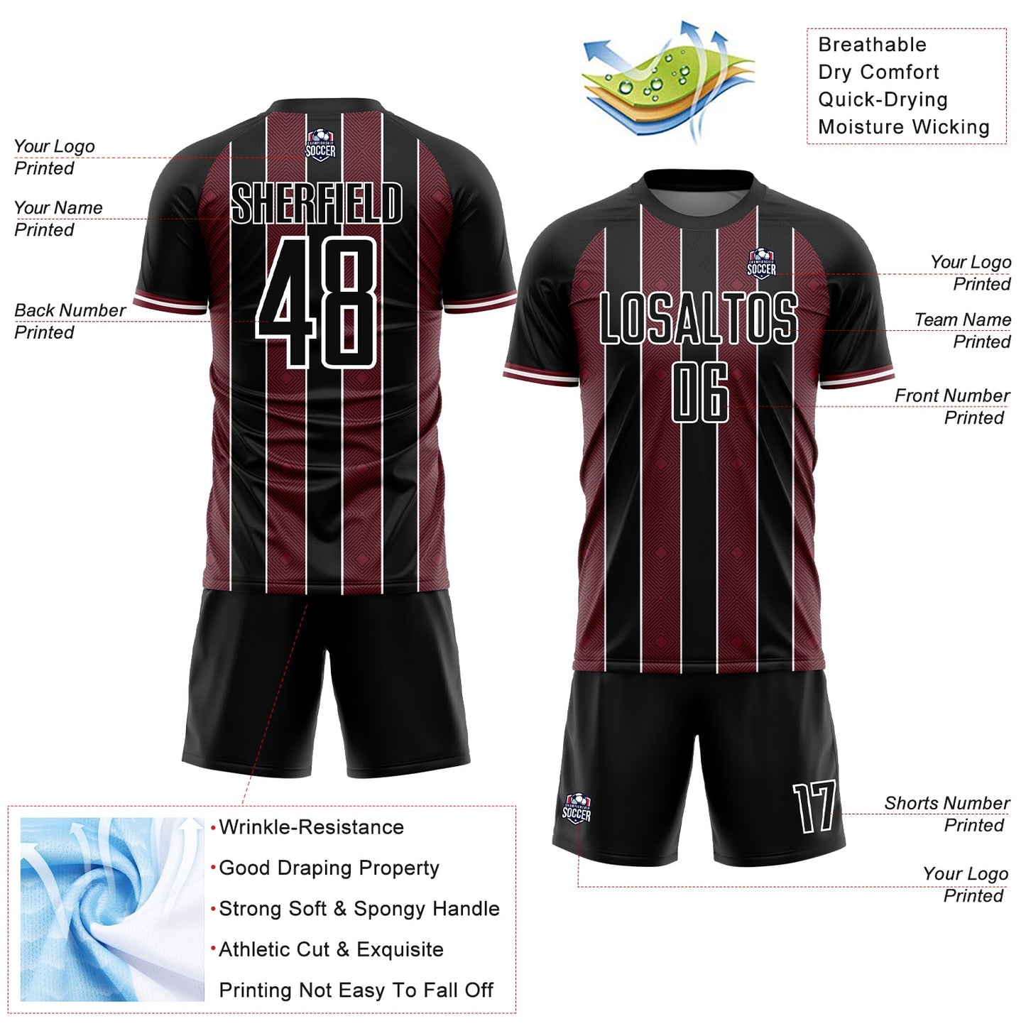 Custom Black Burgundy-White Pinstripe Line Sports Sublimation Soccer Uniform Jersey view 4