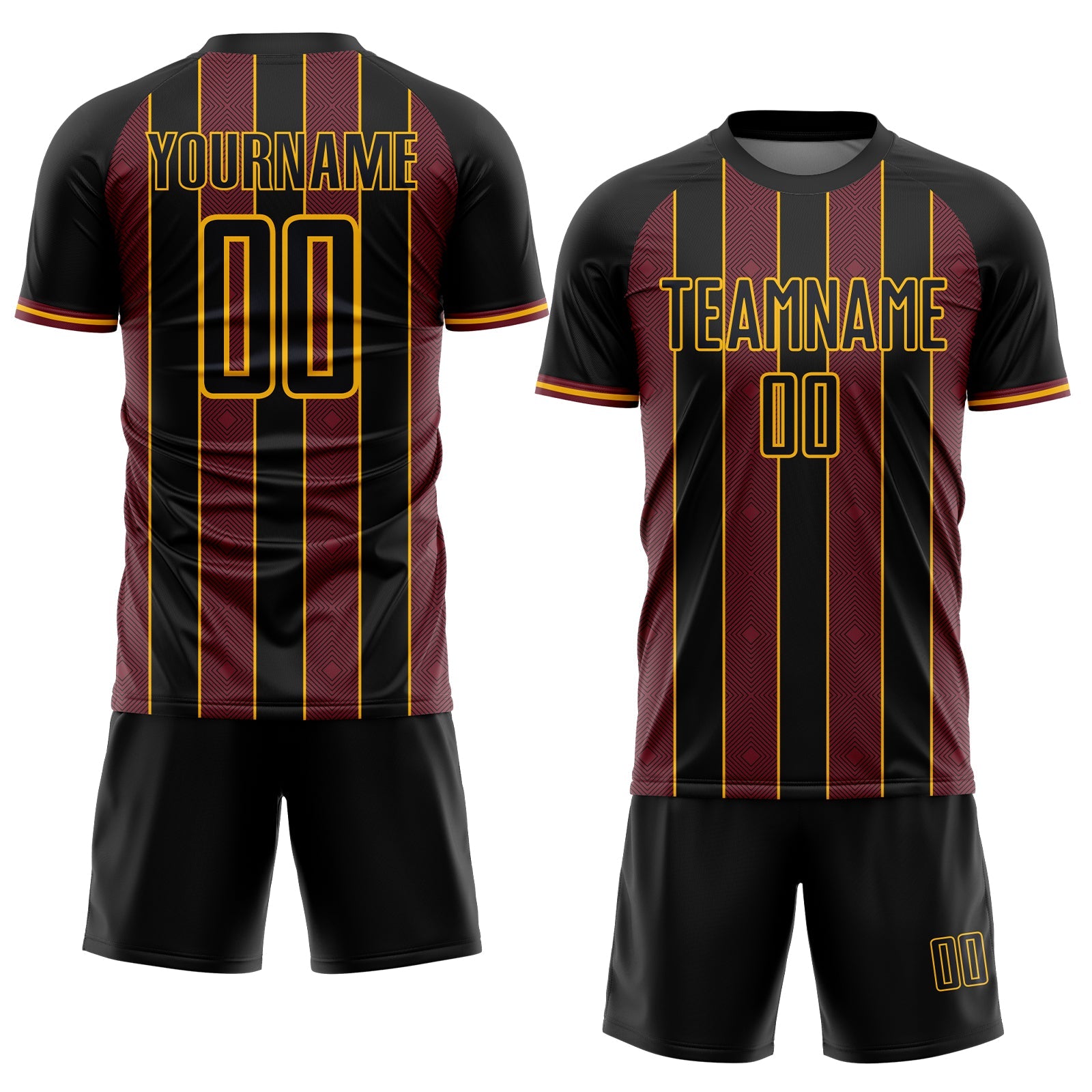 Custom Black Burgundy-Gold Pinstripe Line Sports Sublimation Soccer Uniform Jersey view 2