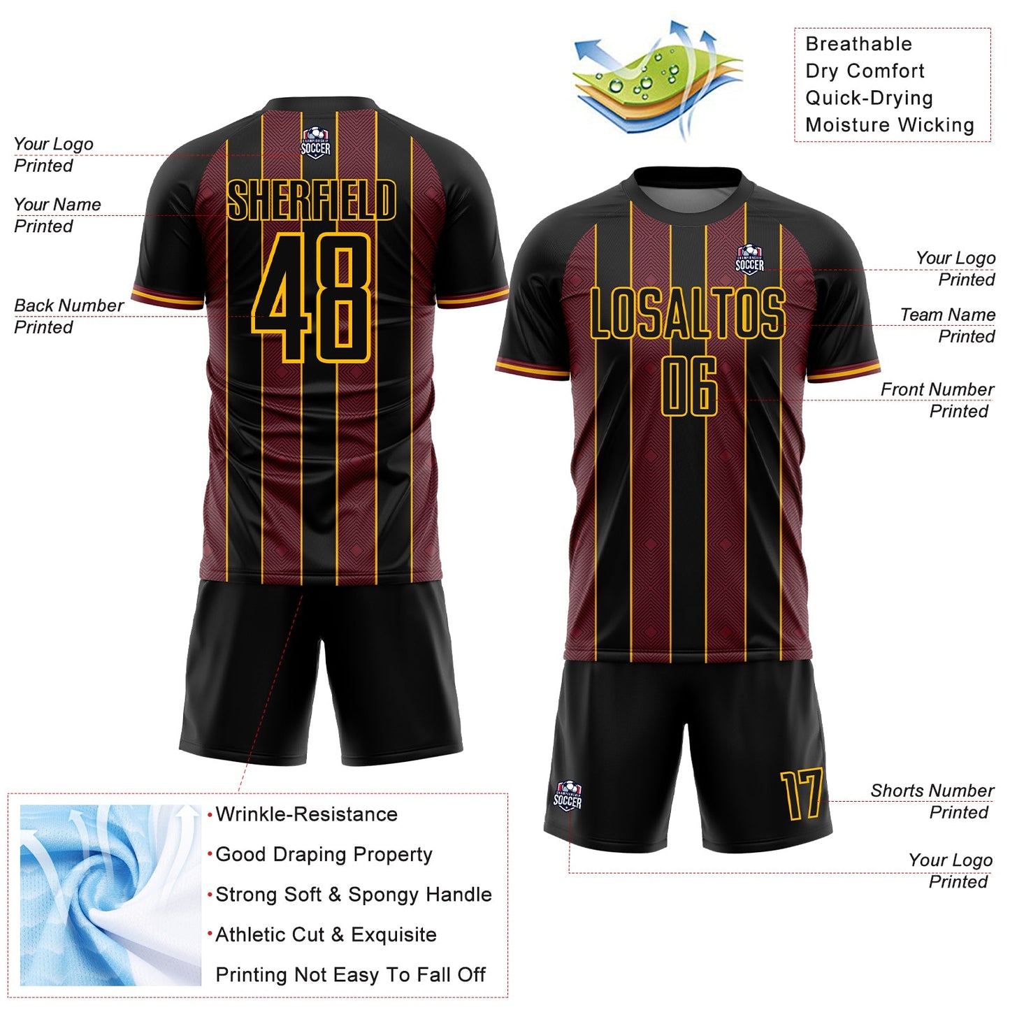 Custom Black Burgundy-Gold Pinstripe Line Sports Sublimation Soccer Uniform Jersey view 4