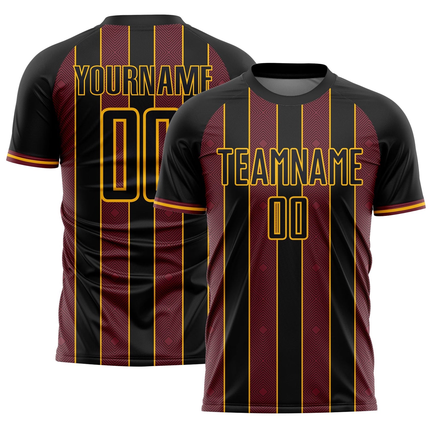 Custom Black Burgundy-Gold Pinstripe Line Sports Sublimation Soccer Uniform Jersey - Main View