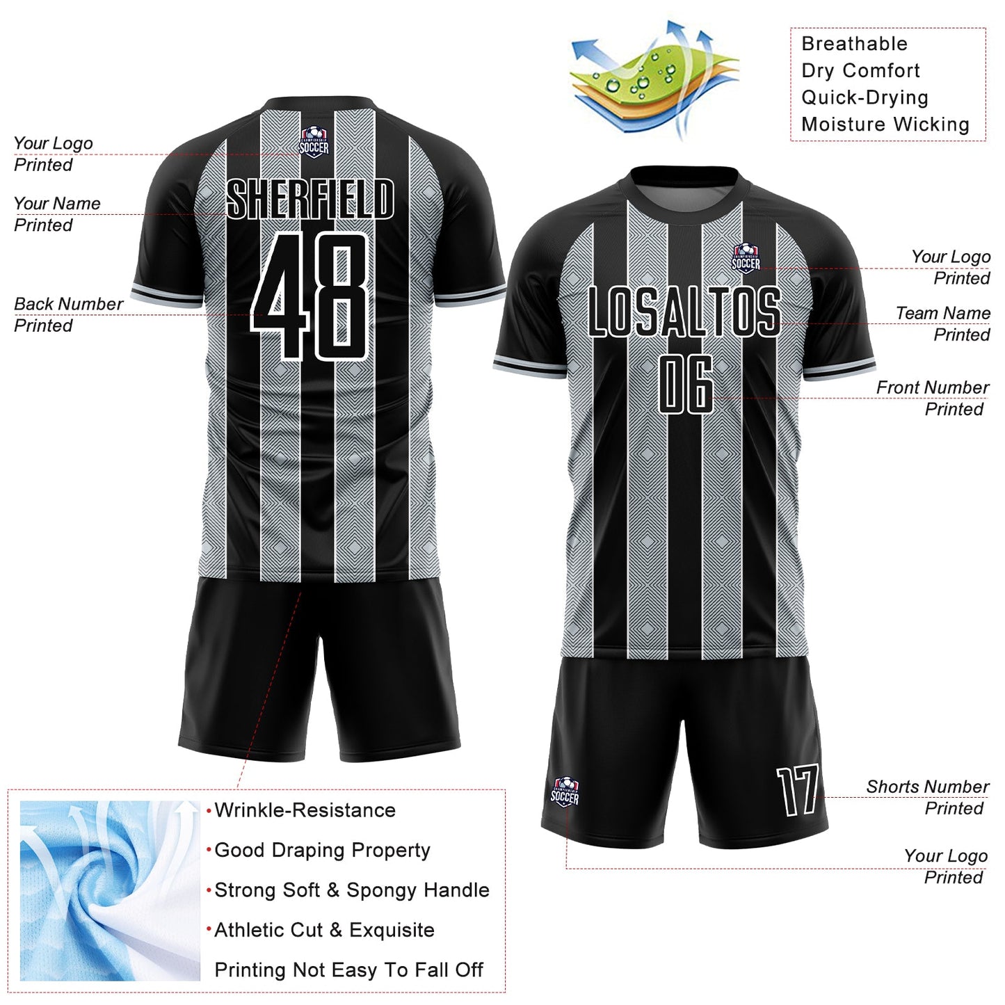 Custom Black Silver-White Pinstripe Line Sports Sublimation Soccer Uniform Jersey view 4