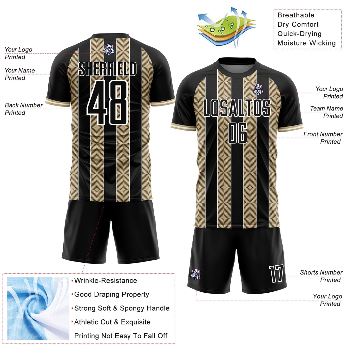 Custom Black Vegas Gold-White Pinstripe Line Sports Sublimation Soccer Uniform Jersey view 4