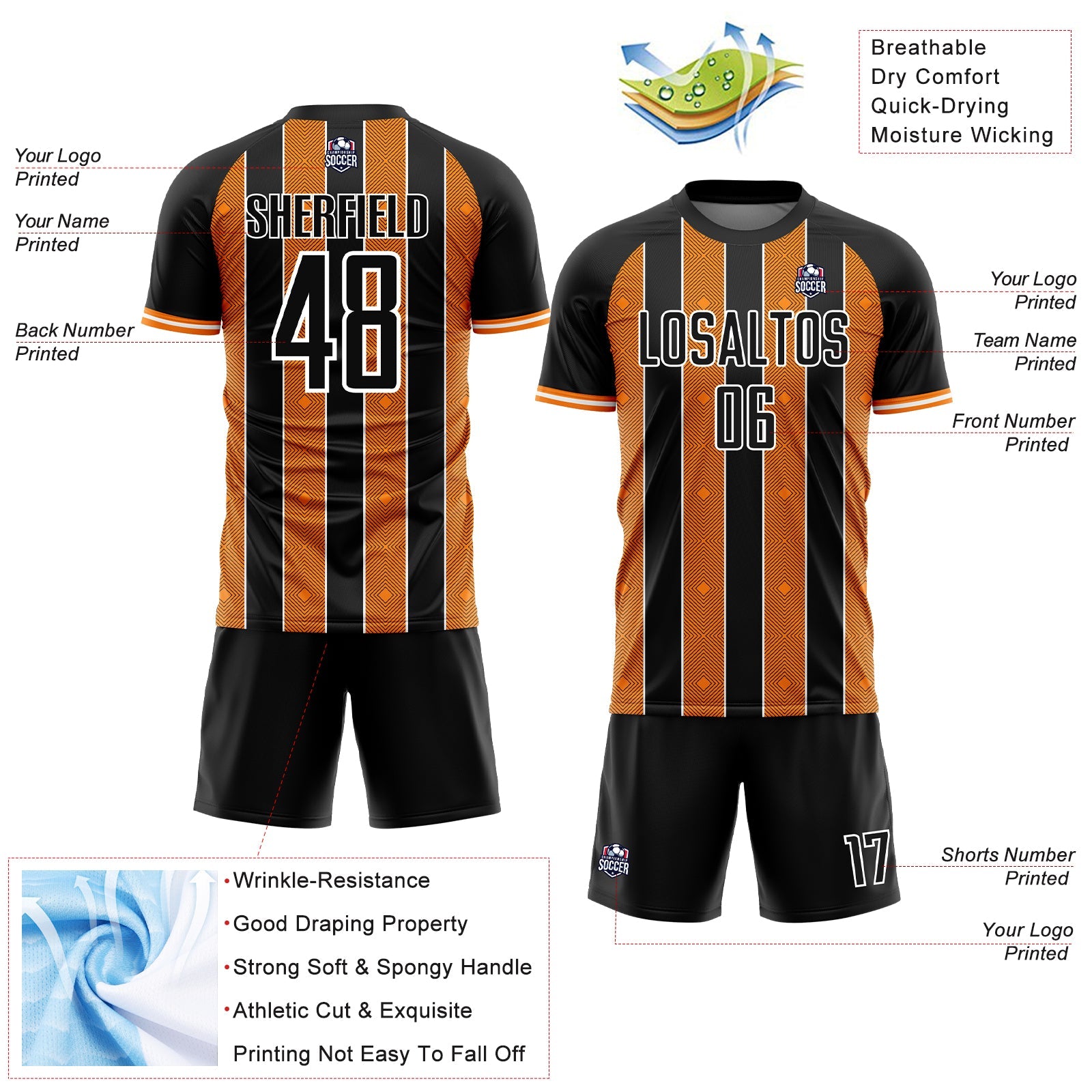 Custom Black Bay Orange-White Pinstripe Line Sports Sublimation Soccer Uniform Jersey view 4