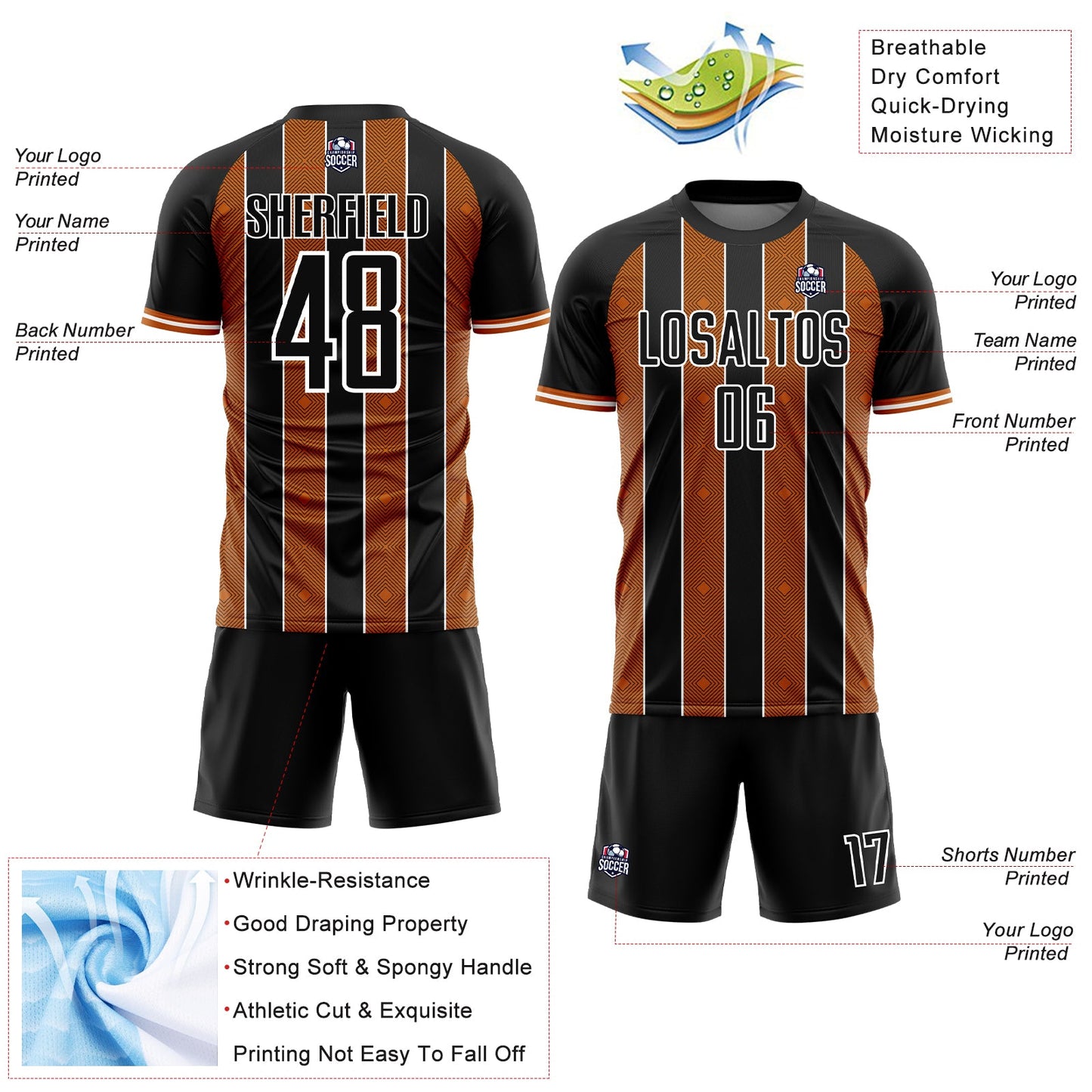 Custom Black Texas Orange-White Pinstripe Line Sports Sublimation Soccer Uniform Jersey view 4