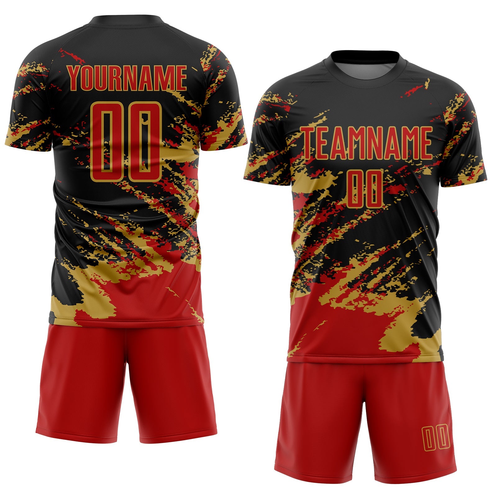 Custom Black Red-Old Gold Abstract Fragment Art Splash Sports Sublimation Soccer Uniform Jersey view 2