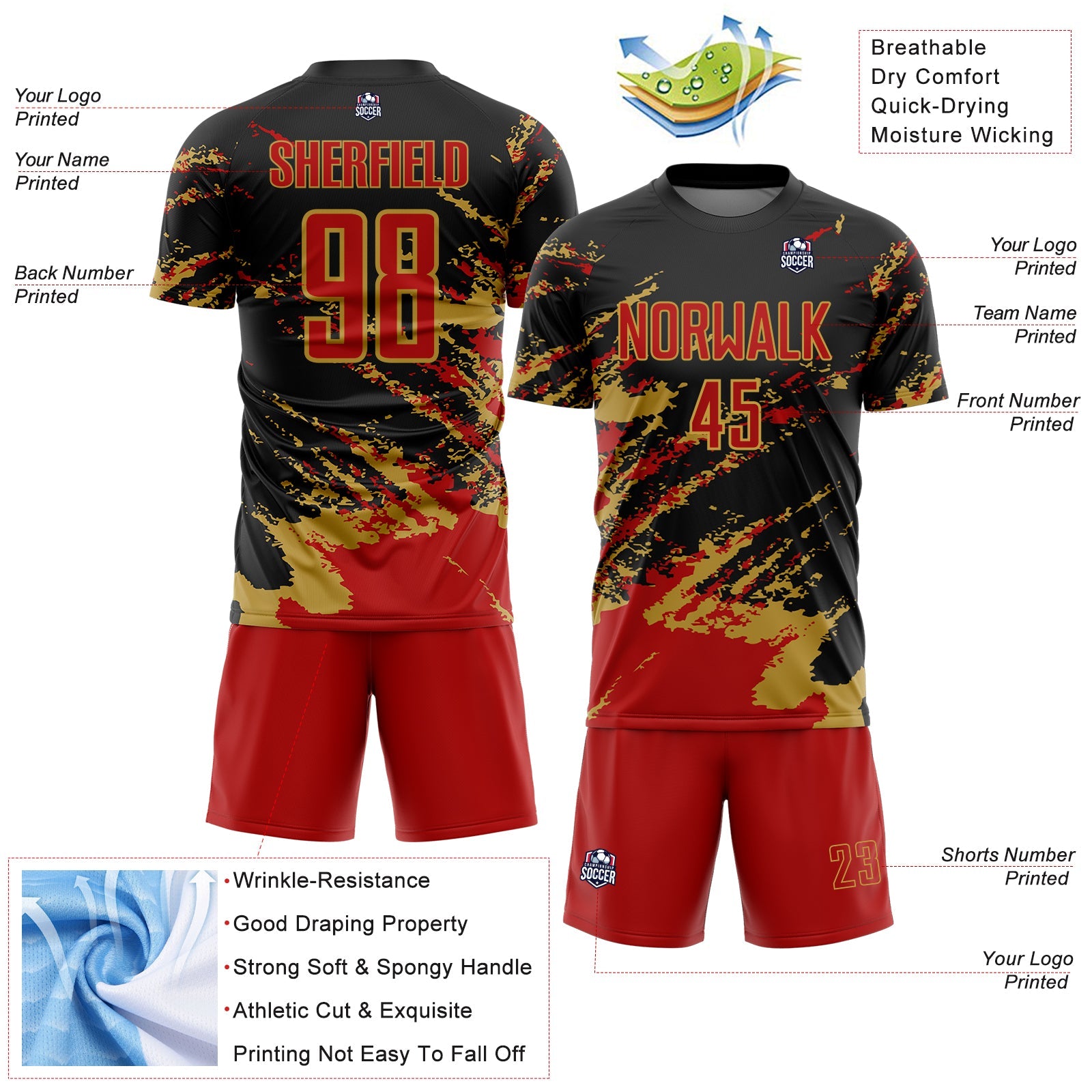 Custom Black Red-Old Gold Abstract Fragment Art Splash Sports Sublimation Soccer Uniform Jersey view 4