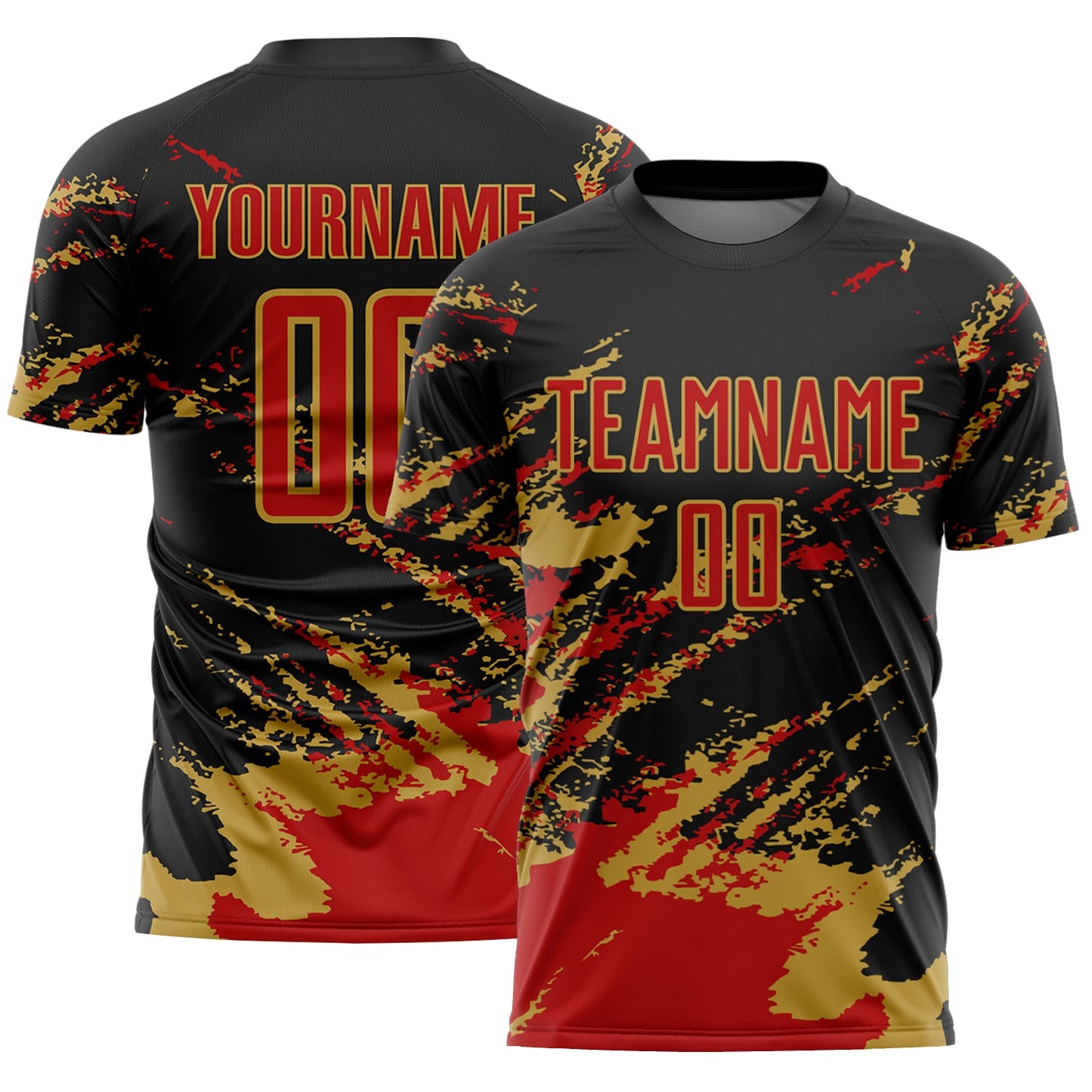 Custom Black Red-Old Gold Abstract Fragment Art Splash Sports Sublimation Soccer Uniform Jersey - Main View