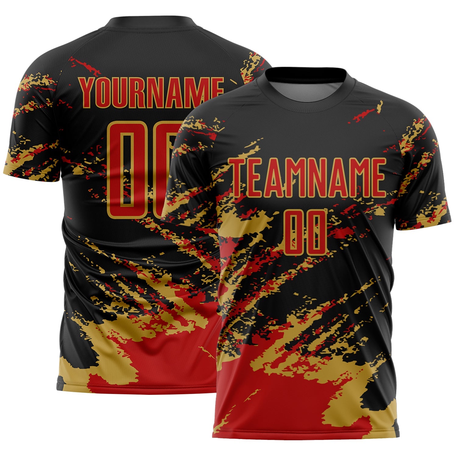 Custom Black Red-Old Gold Abstract Fragment Art Splash Sports Sublimation Soccer Uniform Jersey - Main View