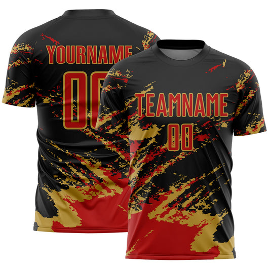 Custom Black Red-Old Gold Abstract Fragment Art Splash Sports Sublimation Soccer Uniform Jersey - Main View