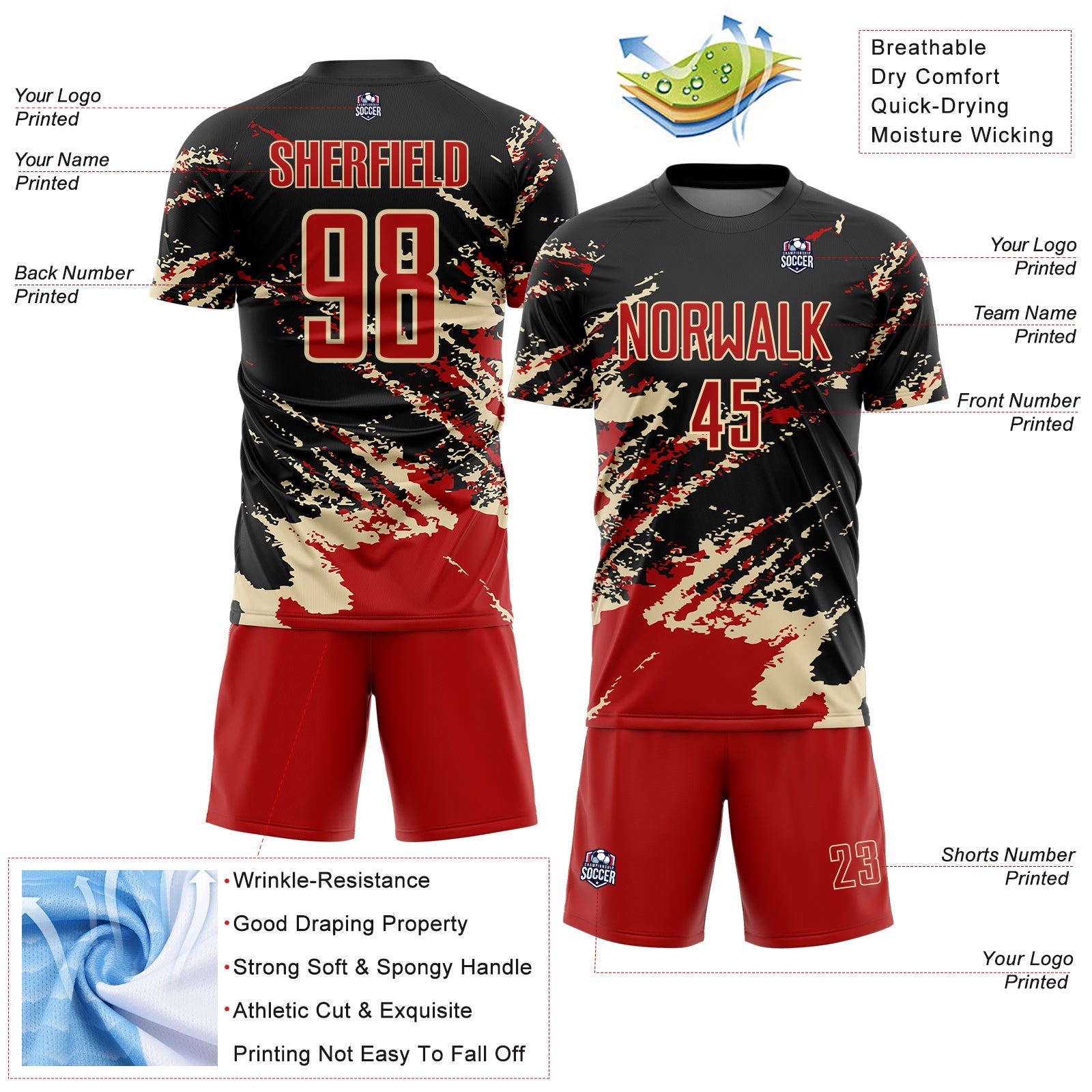Custom Black Red-Cream Abstract Fragment Art Splash Sports Sublimation Soccer Uniform Jersey view 4