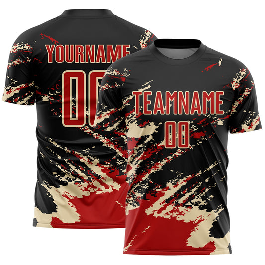 Custom Black Red-Cream Abstract Fragment Art Splash Sports Sublimation Soccer Uniform Jersey - Main View