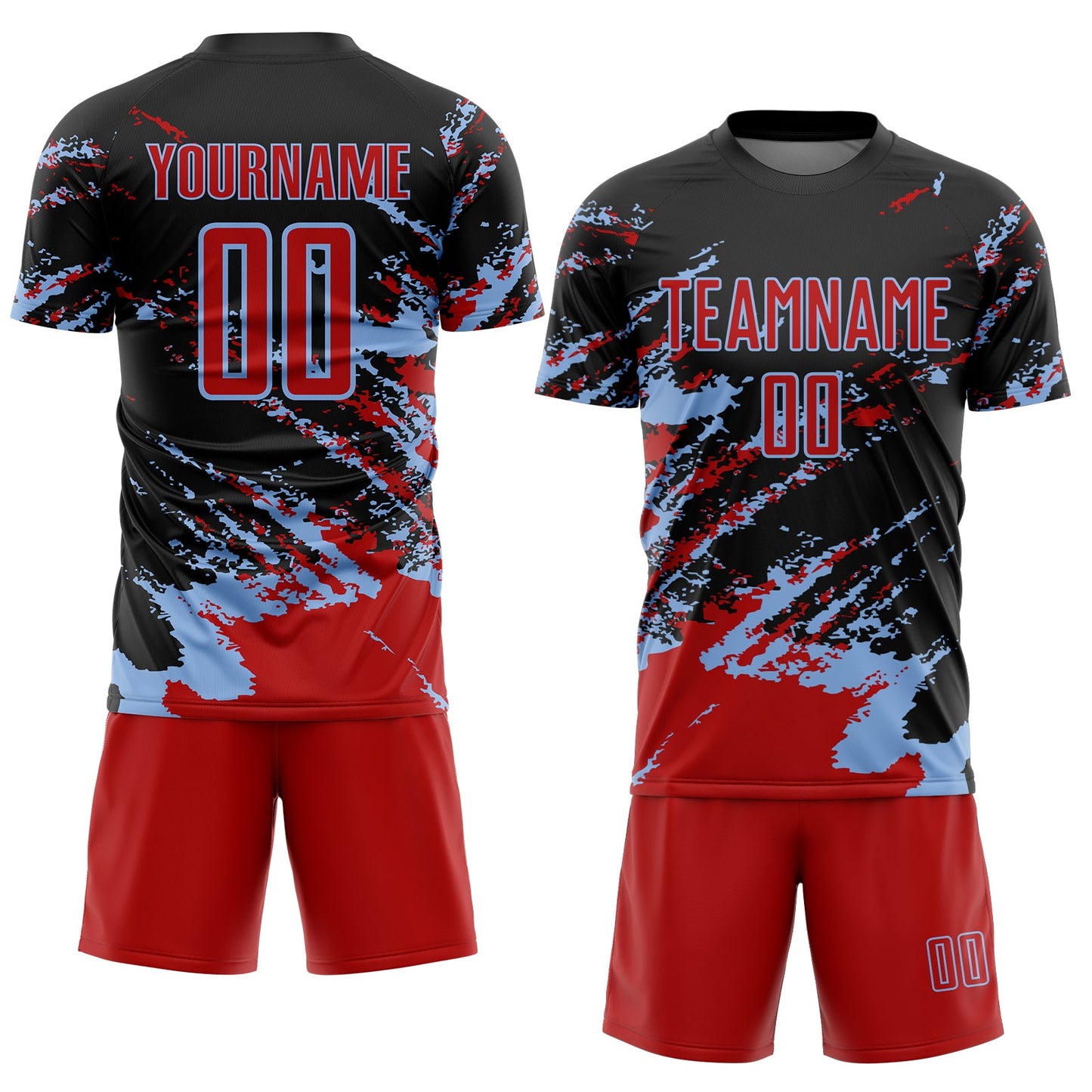 Custom Black Red-Light Blue Abstract Fragment Art Splash Sports Sublimation Soccer Uniform Jersey view 2