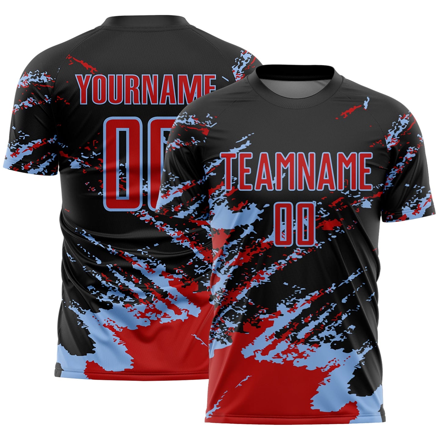 Custom Black Red-Light Blue Abstract Fragment Art Splash Sports Sublimation Soccer Uniform Jersey - Main View