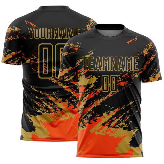 Custom Black Orange-Old Gold Abstract Fragment Art Splash Sports Sublimation Soccer Uniform Jersey - Main View
