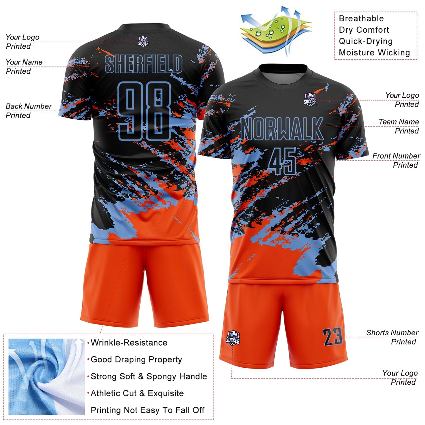 Custom Black Orange-Powder Blue Abstract Fragment Art Splash Sports Sublimation Soccer Uniform Jersey view 4