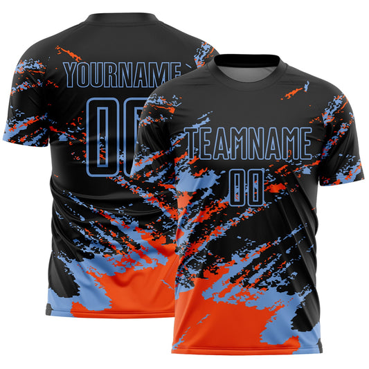Custom Black Orange-Powder Blue Abstract Fragment Art Splash Sports Sublimation Soccer Uniform Jersey - Main View