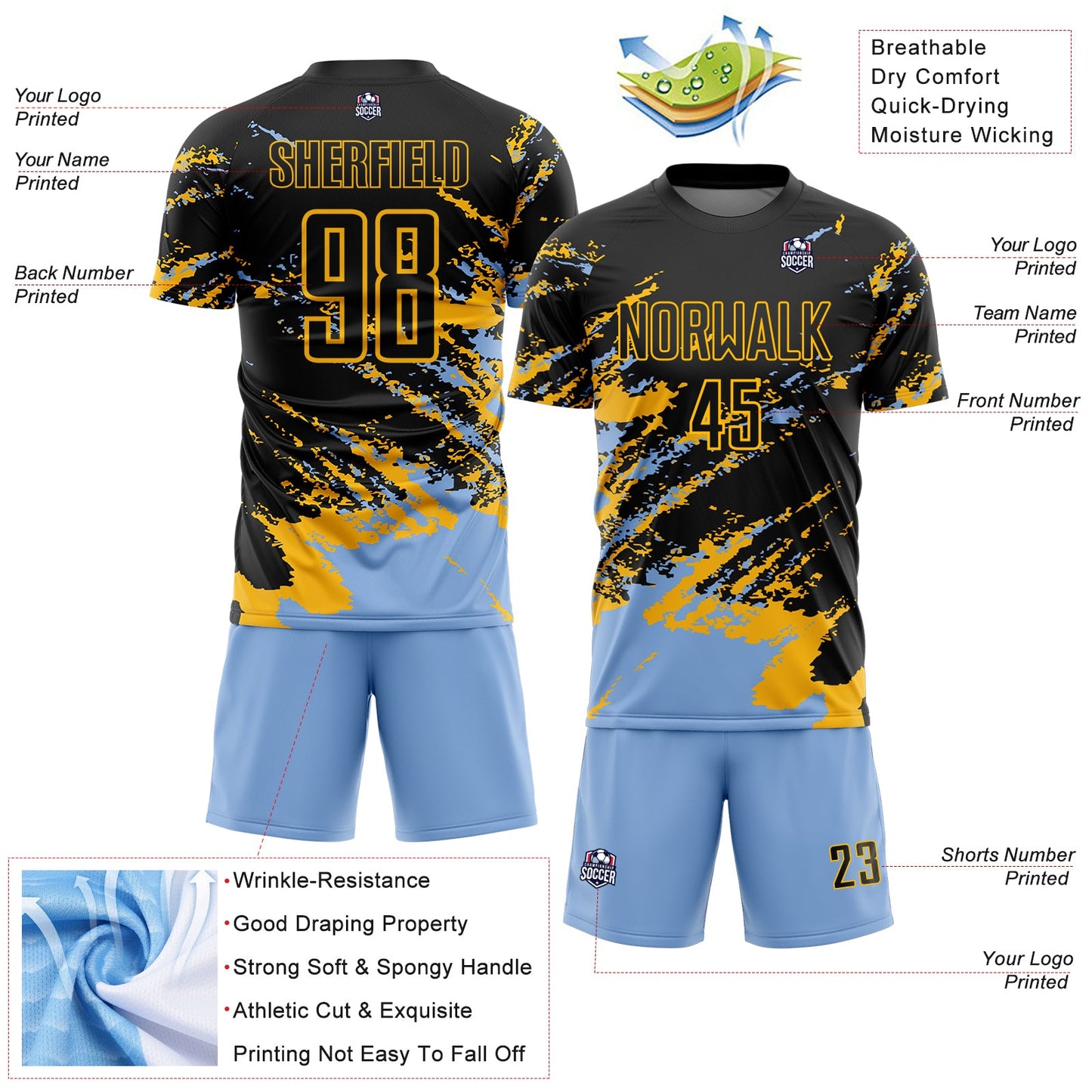 Custom Black Light Blue-Gold Abstract Fragment Art Splash Sports Sublimation Soccer Uniform Jersey view 4