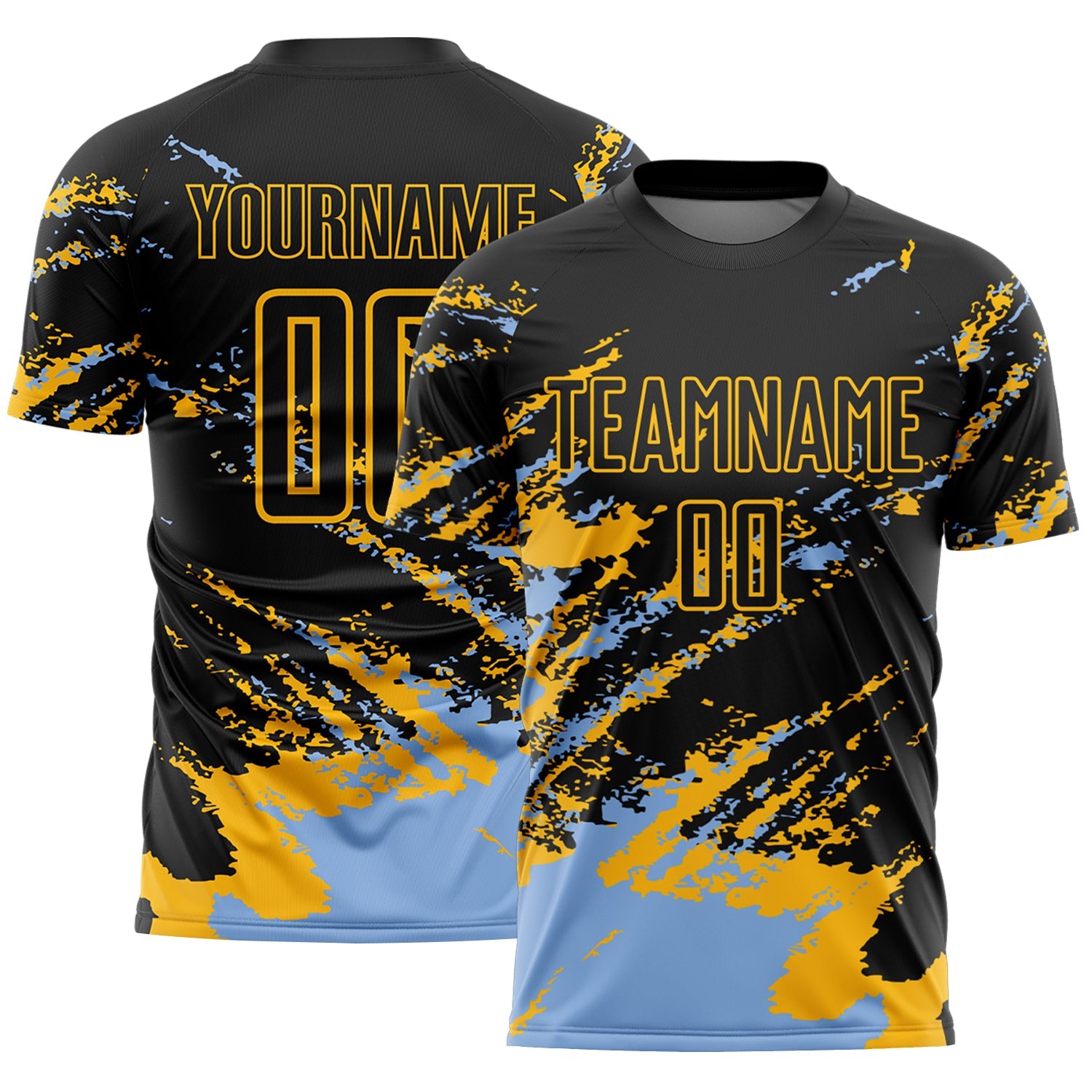Custom Black Light Blue-Gold Abstract Fragment Art Splash Sports Sublimation Soccer Uniform Jersey - Main View