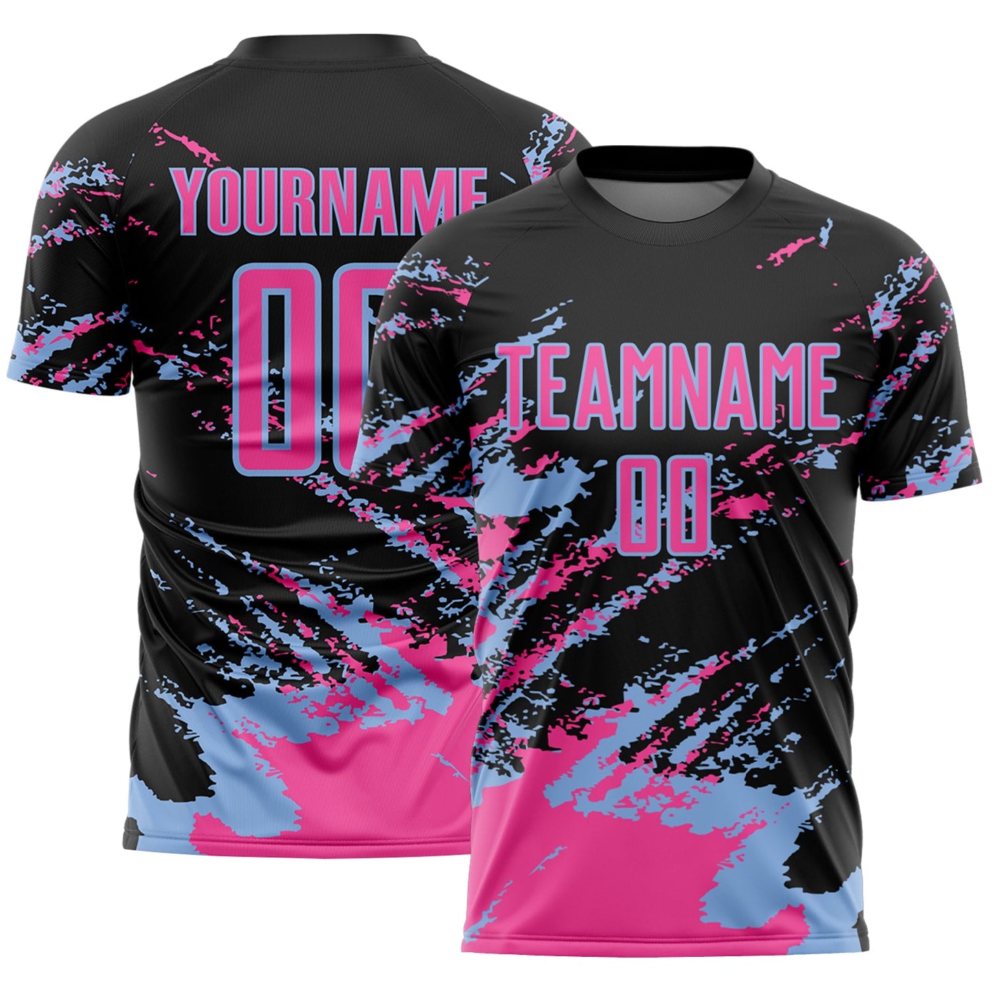 Custom Black Pink-Light Blue Abstract Fragment Art Splash Sports Sublimation Soccer Uniform Jersey - Main View