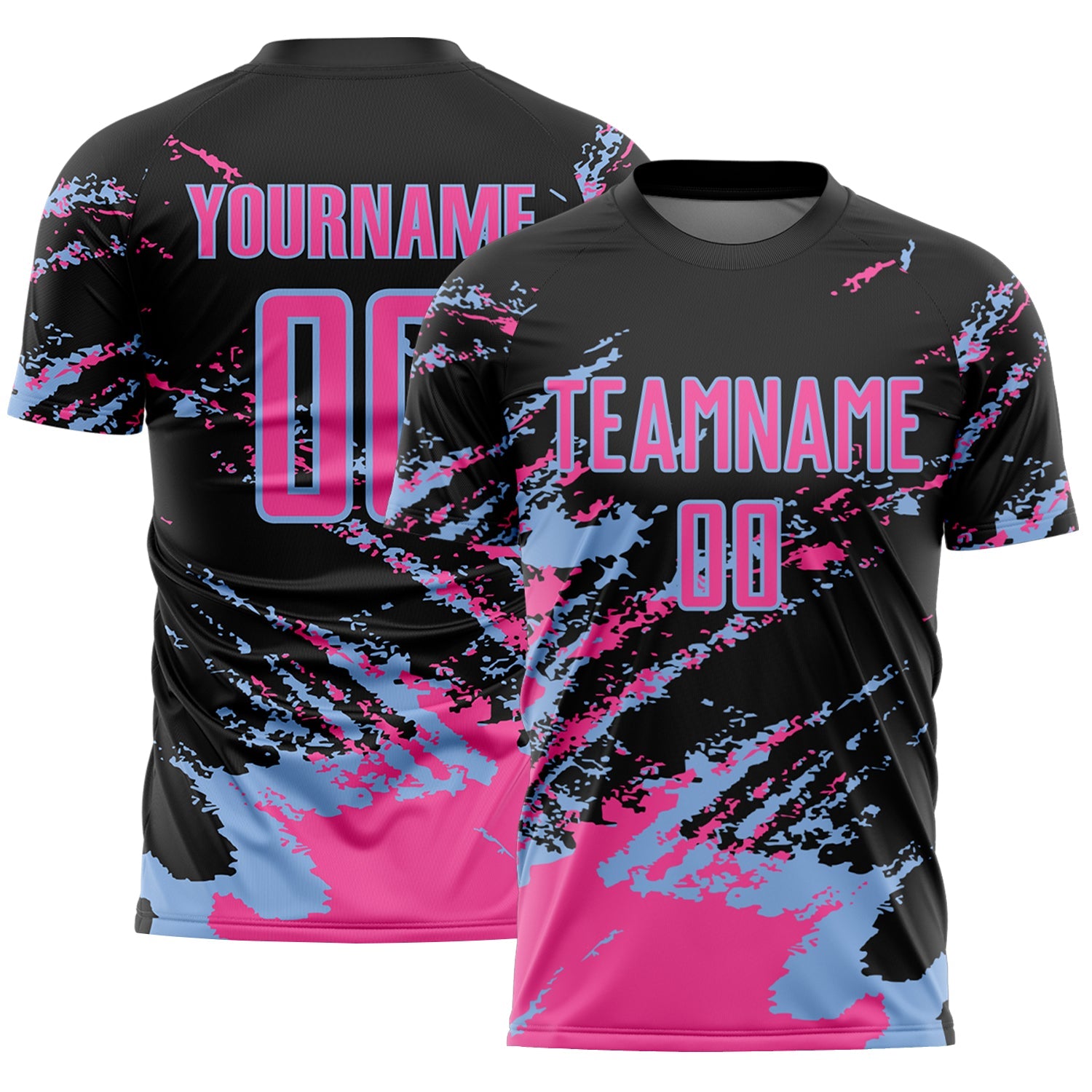 Custom Black Pink-Light Blue Abstract Fragment Art Splash Sports Sublimation Soccer Uniform Jersey - Main View