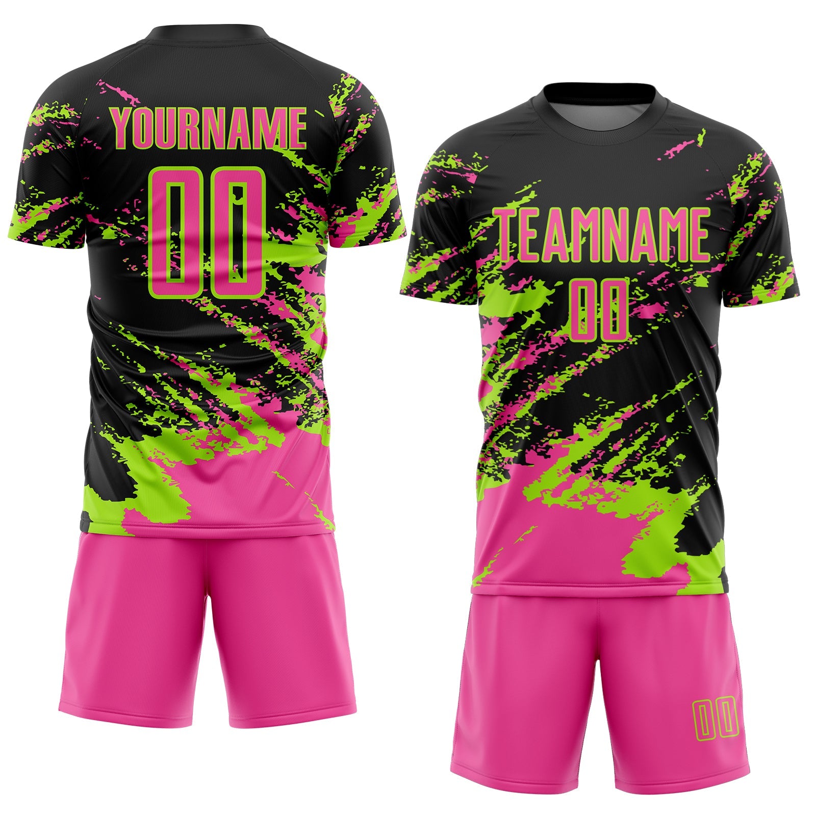 Custom Black Pink-Neon Green Abstract Fragment Art Splash Sports Sublimation Soccer Uniform Jersey view 2