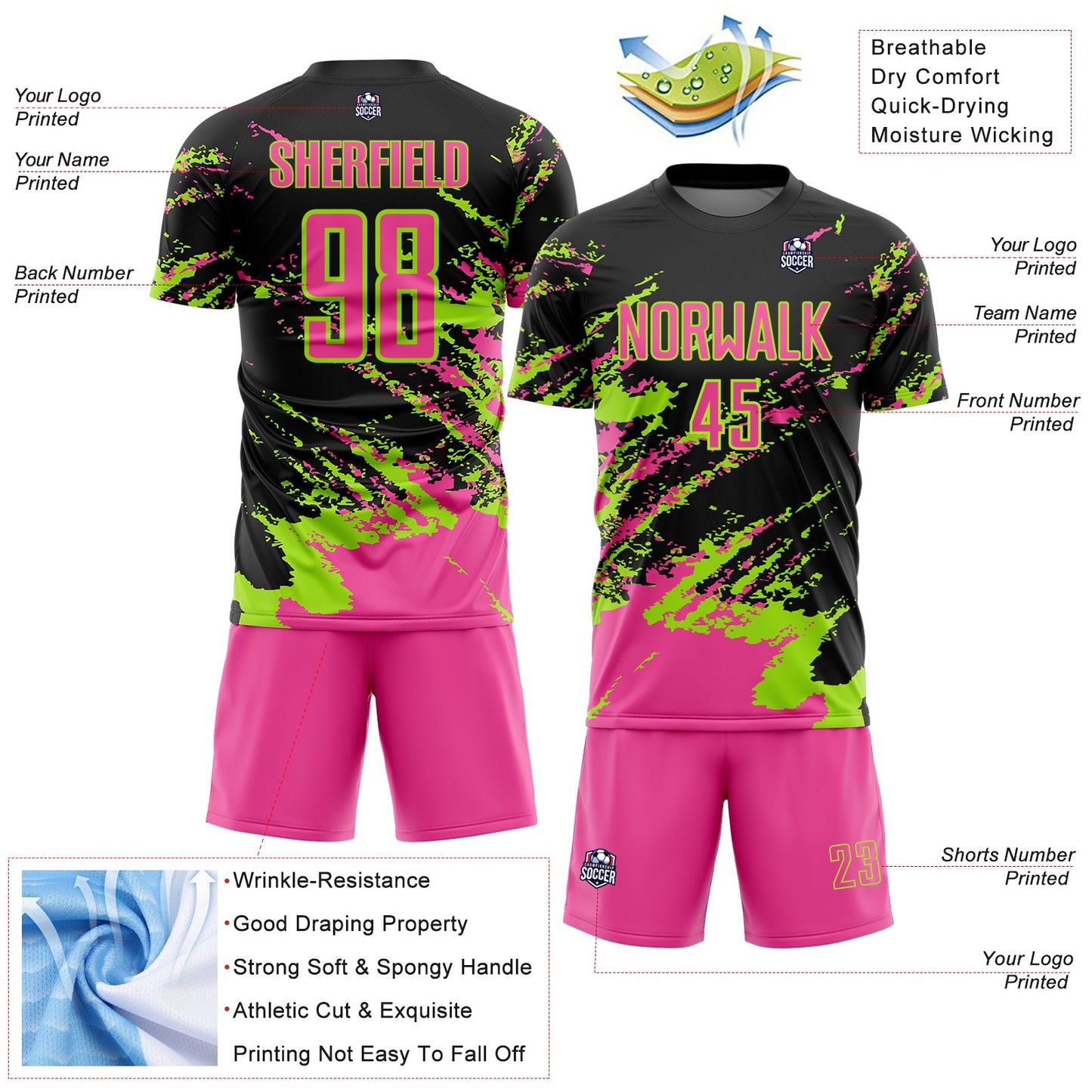 Custom Black Pink-Neon Green Abstract Fragment Art Splash Sports Sublimation Soccer Uniform Jersey view 4