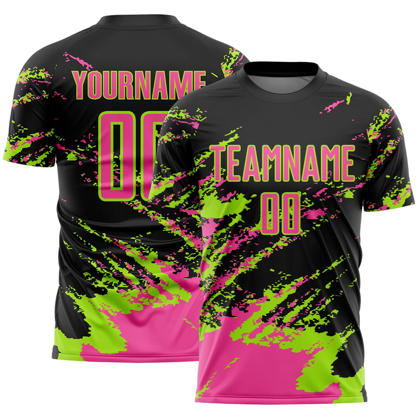 Custom Black Pink-Neon Green Abstract Fragment Art Splash Sports Sublimation Soccer Uniform Jersey - Main View