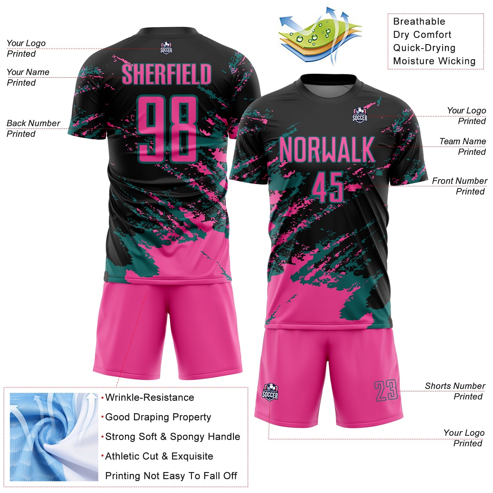 Custom Black Pink-Teal Abstract Fragment Art Splash Sports Sublimation Soccer Uniform Jersey view 4