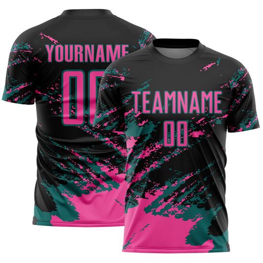 Custom Black Pink-Teal Abstract Fragment Art Splash Sports Sublimation Soccer Uniform Jersey - Main View