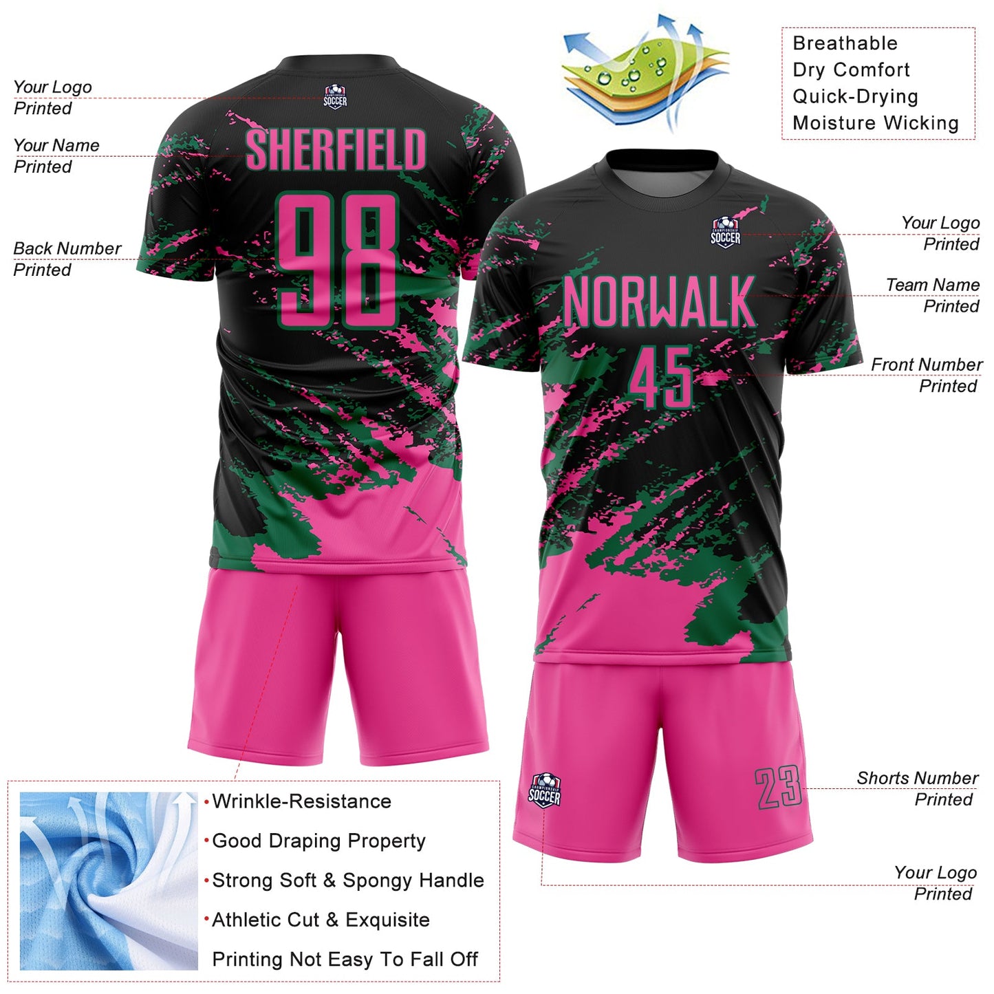 Custom Black Pink-Kelly Green Abstract Fragment Art Splash Sports Sublimation Soccer Uniform Jersey view 4