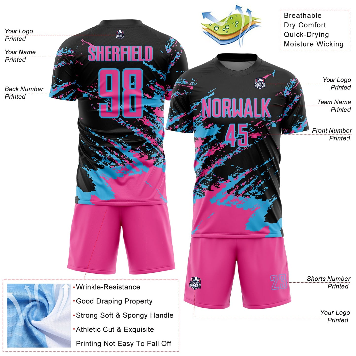 Custom Black Pink-Sky Blue Abstract Fragment Art Splash Sports Sublimation Soccer Uniform Jersey view 4